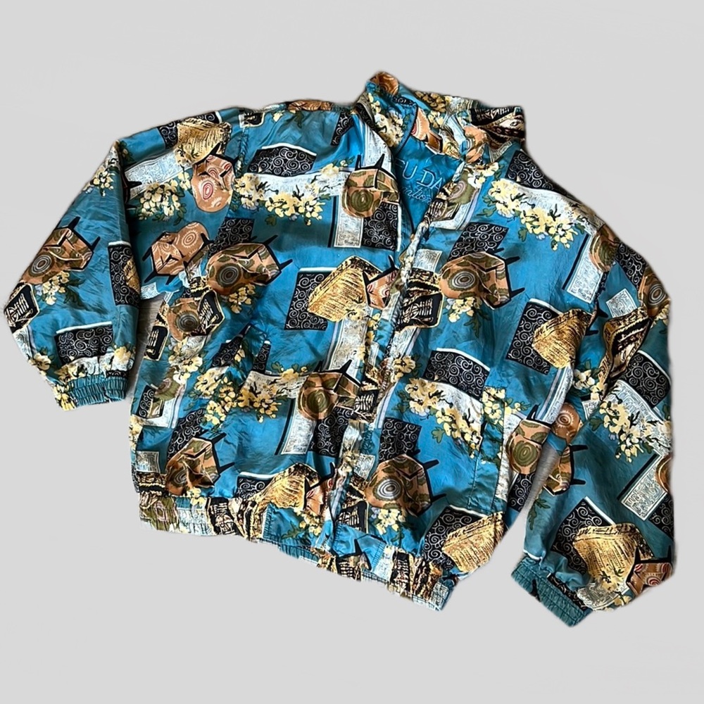 Vintage FUDA International Silk Track Jacket Blue Interior Design Pattern Chairs